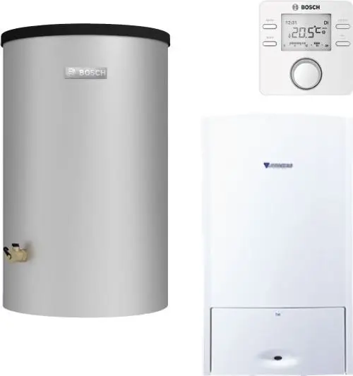 Energieeffizientes Heizsystem von Bosch mit einem silbernen Warmwasserspeicher, einem weißen Kombi-Heizgerät und einem digitalen Thermostat zur Temperaturregelung.